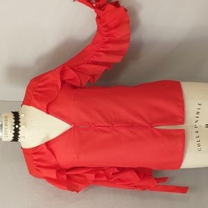 Red Ruffle Long Sleeve Blouse Feminine Eye Catching Sexy Low V Semi Sheer Top M